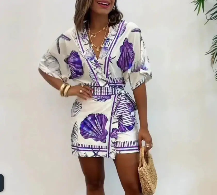 Seashell Starfish Print Wrap V Neck Short Sleeve Lace Up Romper for Women