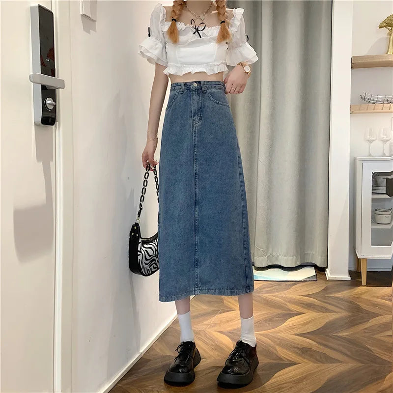 New 2022 Spring-Autumn Medium-Length Denim Skirt For Women High-Waisted Slimming Plus Size Curvy Girls A- Line Hip Covering Skir