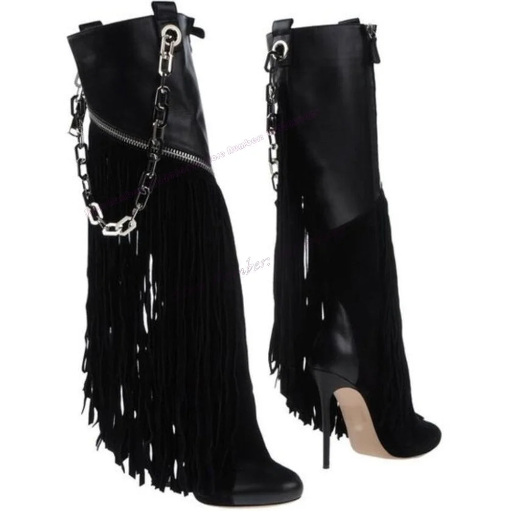 Black Tassel Metal Chain Boots Patchwork Round Toe Shoes for Women Knee High Thin High Heels Sexy Shoes 2025 Zapatos Para Mujere