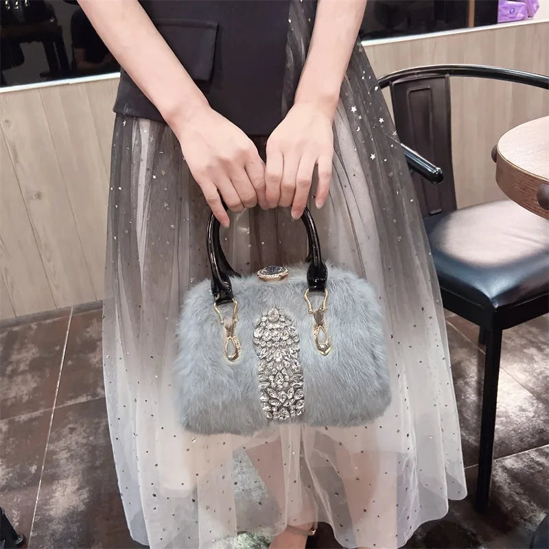 Original Designer Brand Rabbit Hair Bag New Fashion Leather Handcarry Shoulder Crossbody with Diamond Hair Bags for Women