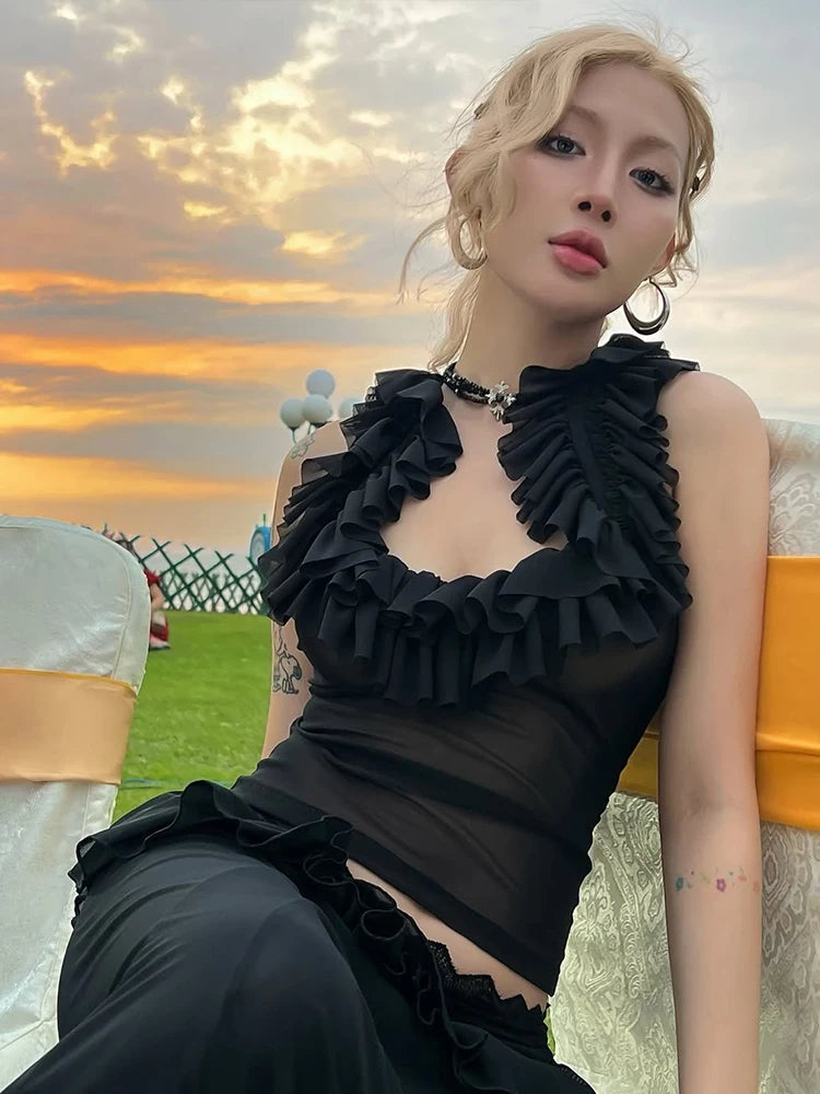 Weird Puss Tierred Low-Neck Tank Tops Women Y2K See Through Sleeveless Summer Trend Mesh Wild Basic Midnight Slim Clubwear Vest
