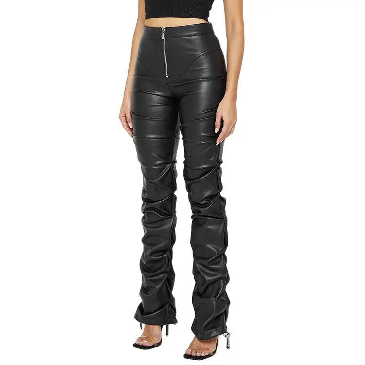 Women's Pants Wholesale Items High Waist Pu Leather Black Wide Leg Pants for Women Casual Fashion Loose Streetwear Trouser Femme