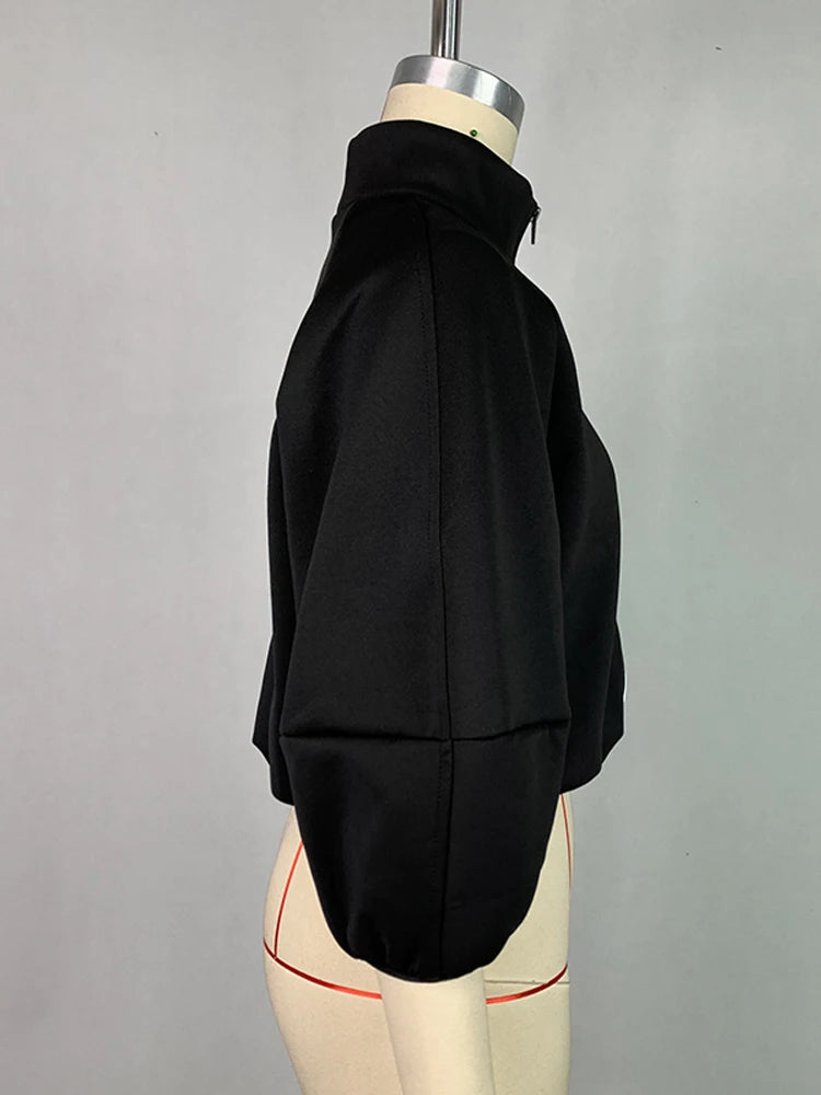 Women Fashion Patchwork Stand Collar Jackets 2025 New Spring Autumn Puff Sleeves Loose Fit Casual Korean Style Outerwears