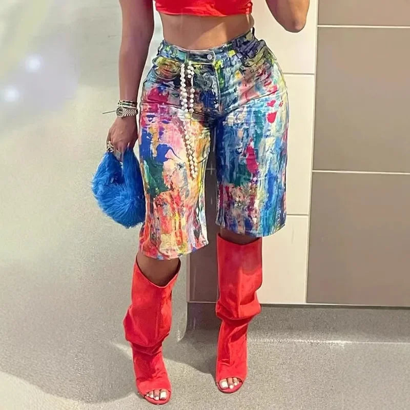 Summer Graffiti Colorful Painting Print Loose Casual Shorts Women High Waist Button Pockets Straight Short Trousers Streetwear