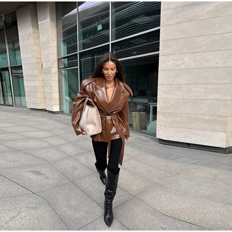 2025 Autumn Women's Jacket Vintage Laple Brown PU Leather Belt Pockets Jackets Female Fashion New Winter Loose Lady Streetwears