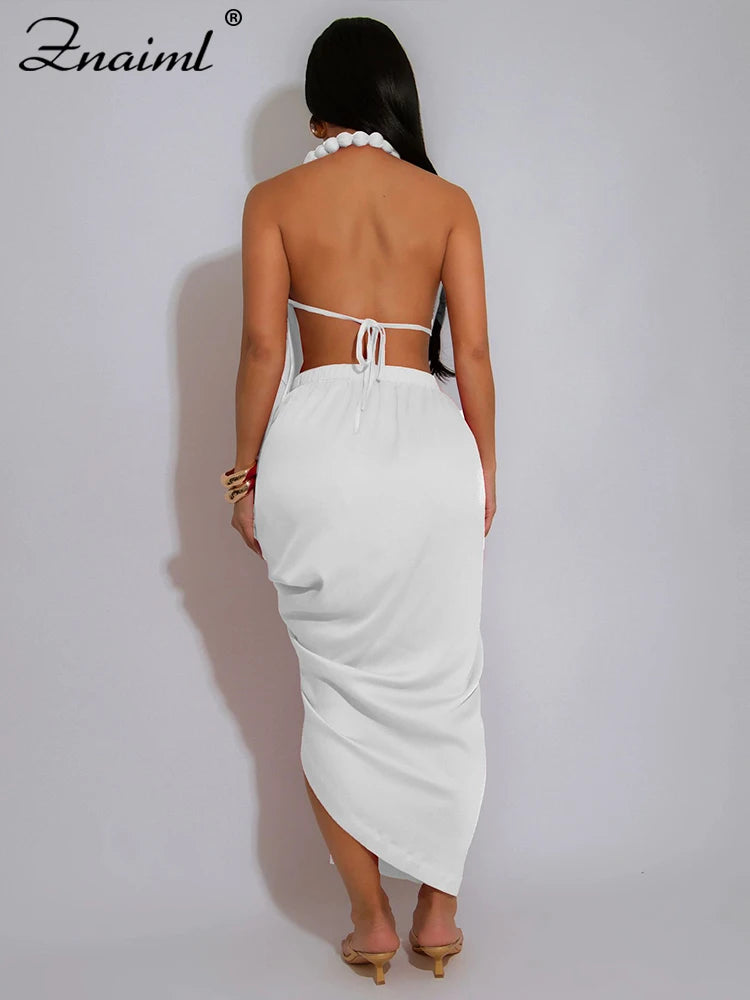 Znaiml Sexy Sleeveless Backless Halter Side Split Deep V-Neck Bodycon Dress Elegant Women Birthday Midnight Party Club Vestidos