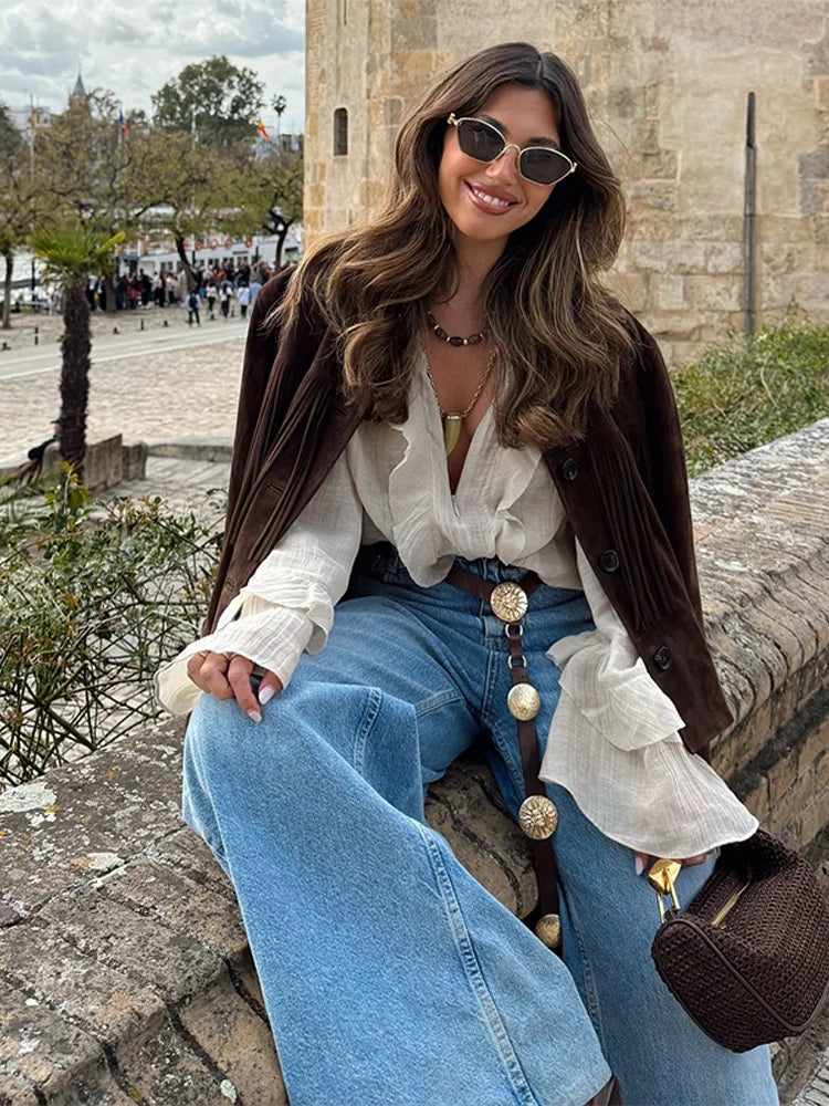 Women Shirt Loose Casual Ruffled Edges Female Blouses V Neck Lace Up Short Woman Shirts Spring Summer Blouse Top 2025 New