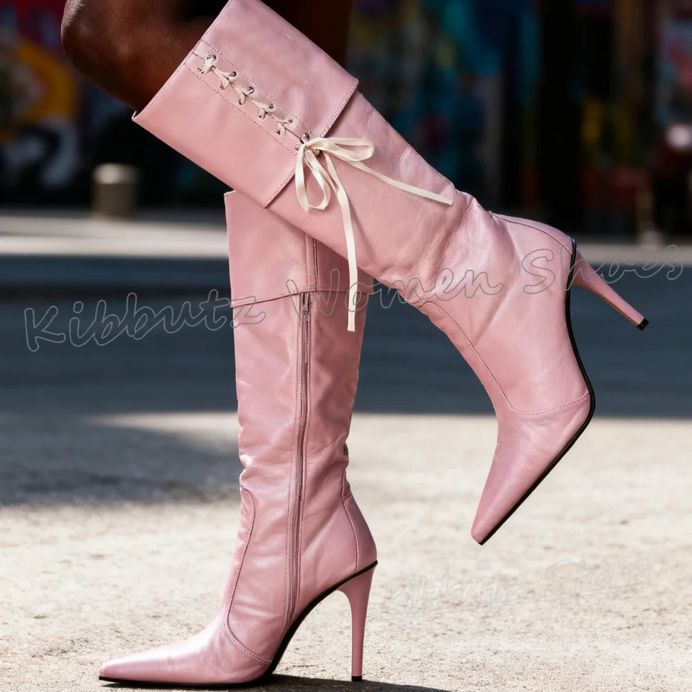 Knee High Satin Boots Spicy Girls Lace-Up Leather Solid Color Fashion Luxury Elegant Women Shoes Concise Pointy Thin Heels New