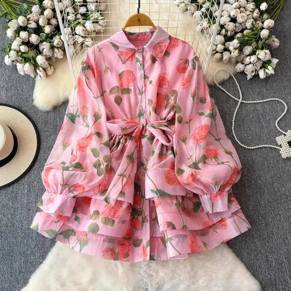 Women Lantern Sleeve Floral Print Lace Up Belt Summer Ball Gown Cute Dress Holiday Gorgeous Flower Ruffles Layer Cake Mini Dress