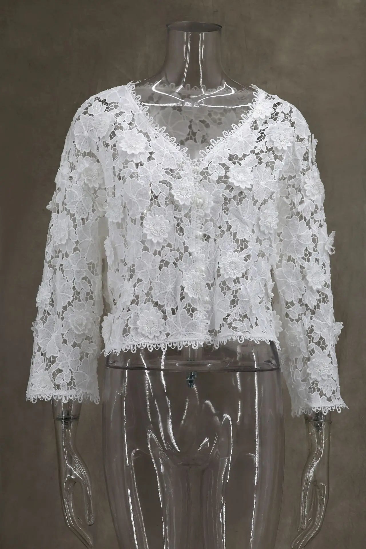 Summer Hollow Out Lace Loose Blouse Women V Neck Lace Flowers Single Breasted Long Sleeve Crop Tops Streetwear Fashion Shirts