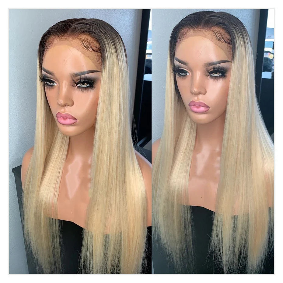 13x6 Lace Frontal Wig Brazilian Straight Full Lace Human Hair Wig 2 Tone Dark Root 1B 613 Ombre Blonde Lace Front Wigs for Women