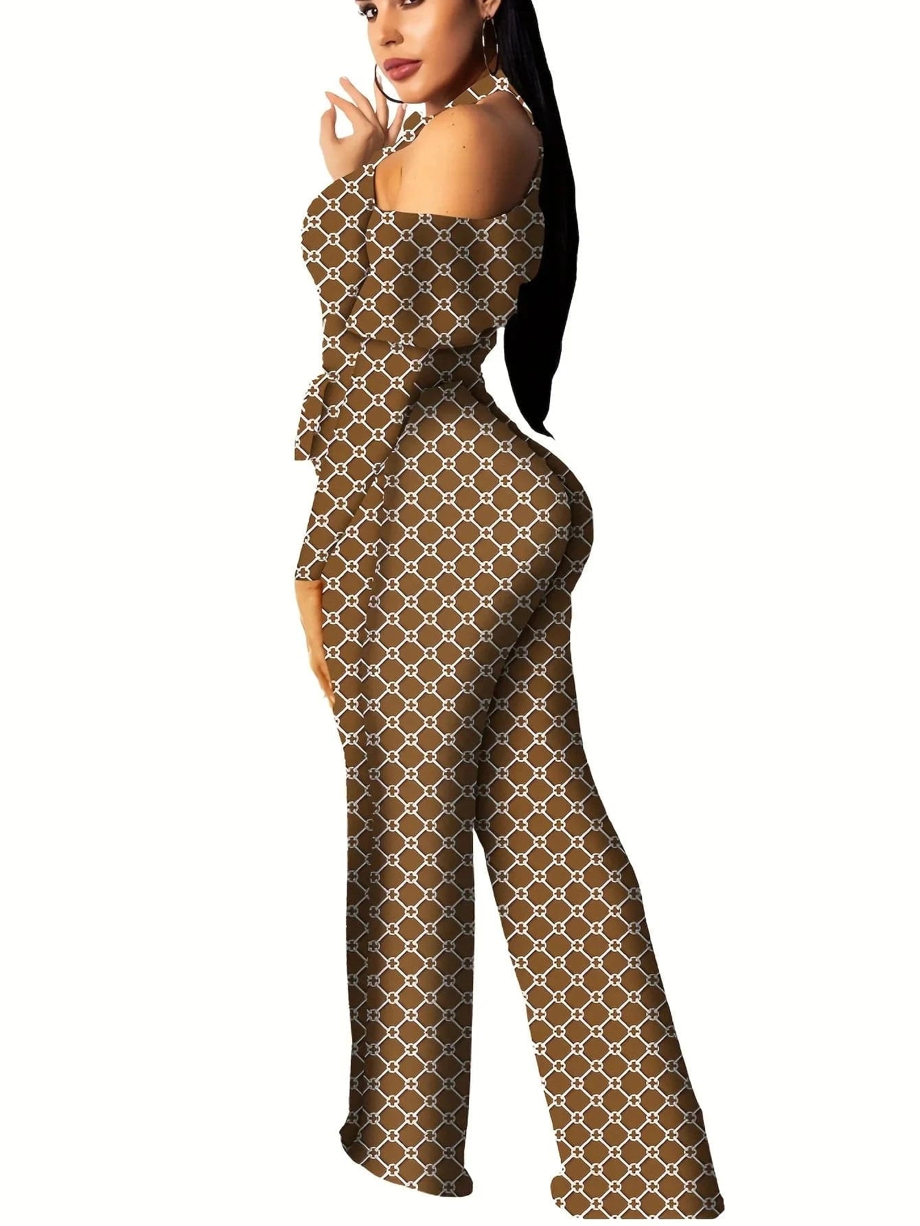Plaid Print Rompers Womens Jumpsuit Off Shoulder Ruffles Long Sleeve Bandage Overall Elegant Belted Plus Size Wide Leg Bodysuit