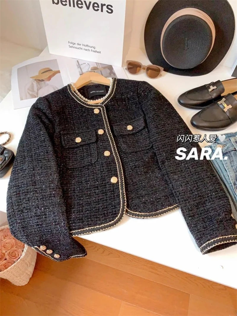 High-End Warm Down Cotton Jacket With Fragrance Tweed Woven Quilted Woolen Suit For Women Autumn Winter 2024 O-Neck Short Top