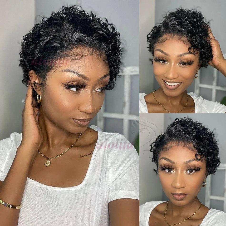 Pixie Curls 100% Human Hair 13x4 Lace Frontal Wigs Pixie Cut Short Bob Human Hair Wig Transparent Lace Front Human Hair Wig