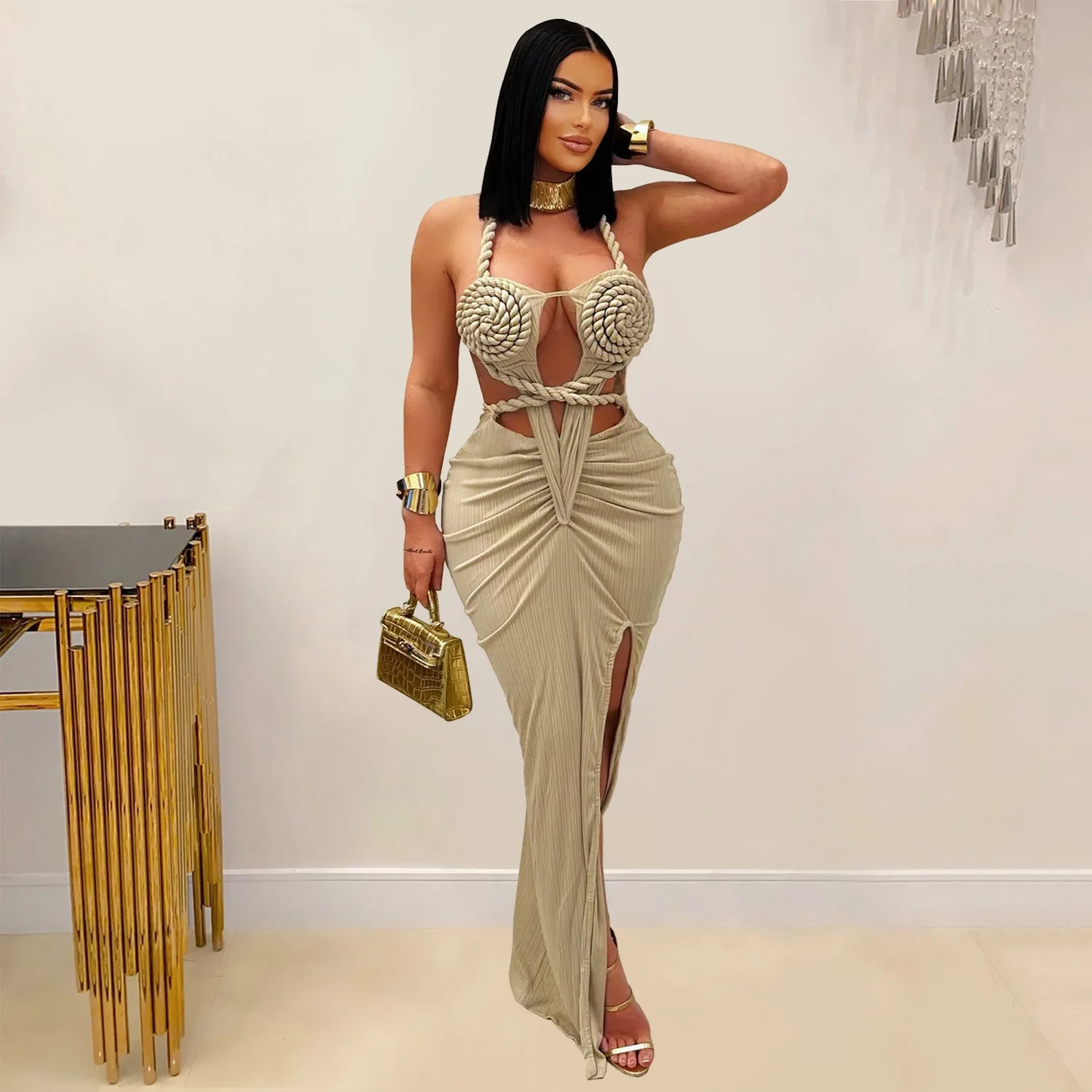 Joskaa Women's 2025 Summer Knit Halter Dress Sexy Hollow Backless Slit Bodycon Maxi Dresses Holiday Party Club Beachwear S-XXL