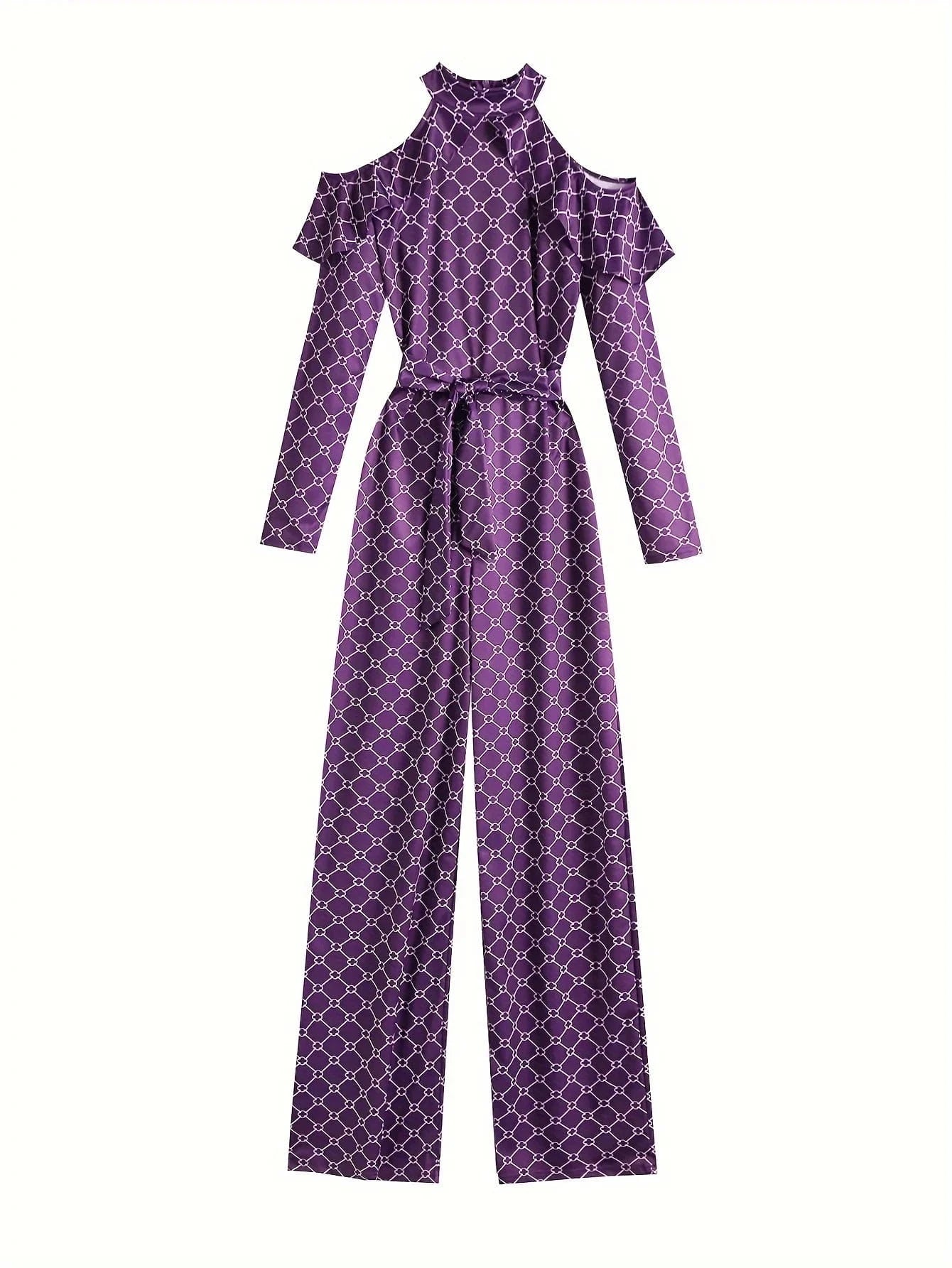 Plaid Print Rompers Womens Jumpsuit Off Shoulder Ruffles Long Sleeve Bandage Overall Elegant Belted Plus Size Wide Leg Bodysuit