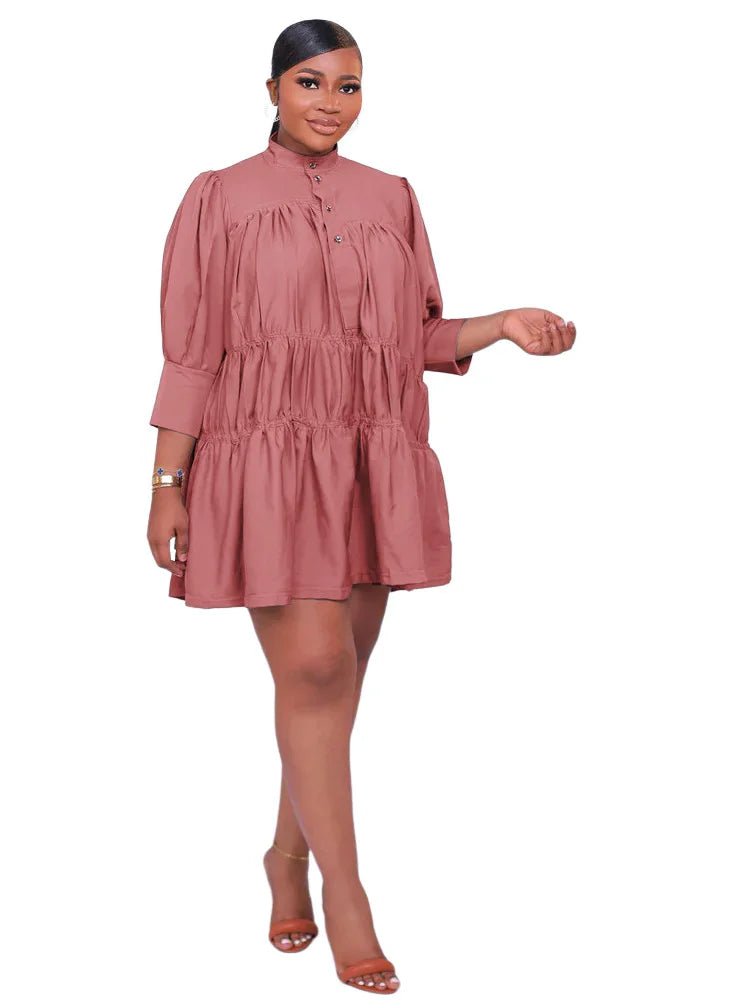 Wmstar Elegant Women Summer Solid Color Short Dress Fashion Long Sleeve High Neck High Waist Clothes Party Casual Mini Dresses