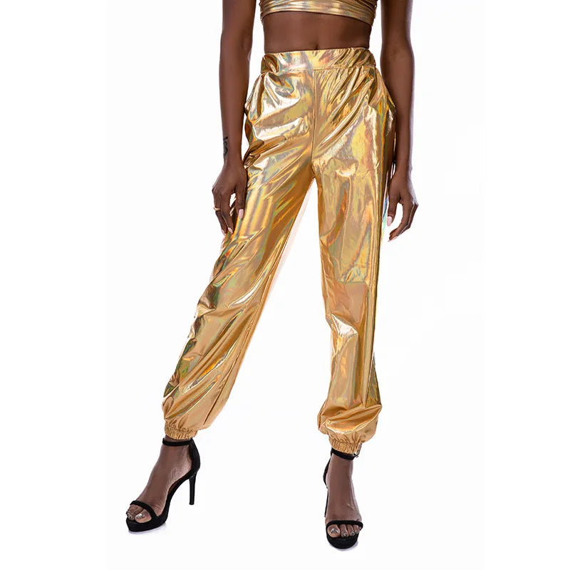 Shiny Glittery Street Hip-hop Party Sparkly Long Pants Loose Casual Sports Trousers Green Gold Silver Black Optional for Women