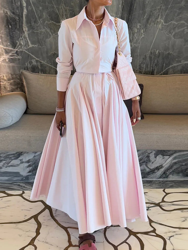 Solid Women's Casual Pleated Long Dress Fashion Lapel Full Sleeve Button Maxi Dress Lady 2025 Early Autumn Chic Street Robes