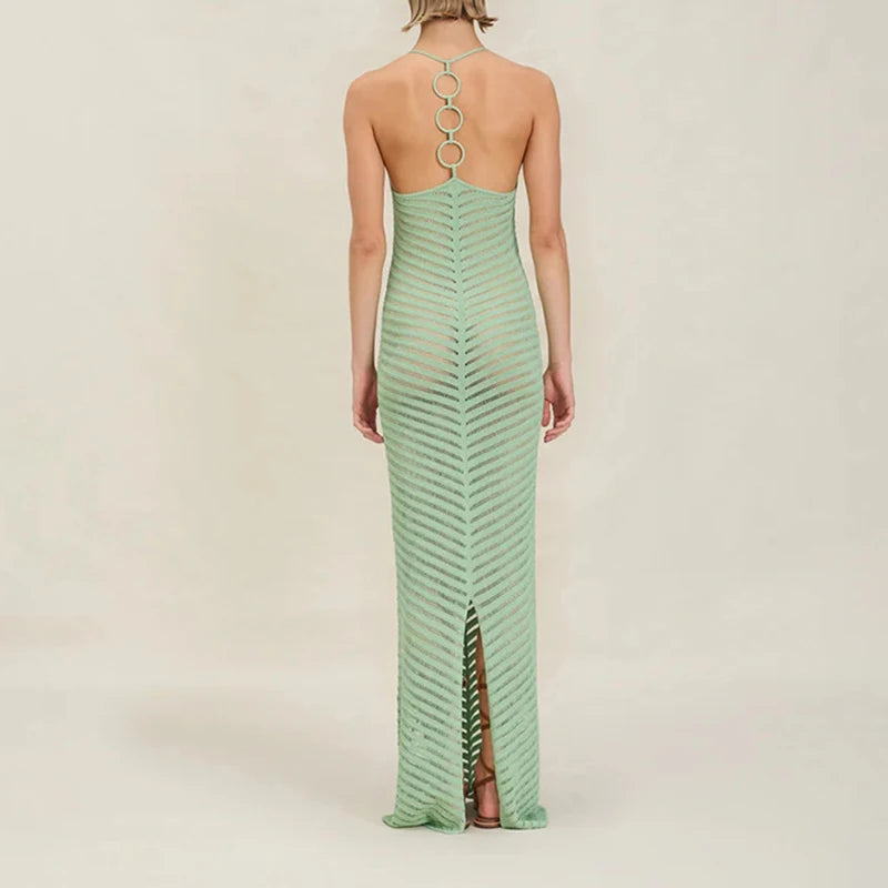 Women's O Neck Halter Knitted Long Dress Sexy Perspective Slim Sleeveless Beach Dress Fashion Backless Bodycon Wrap Hip Dresses