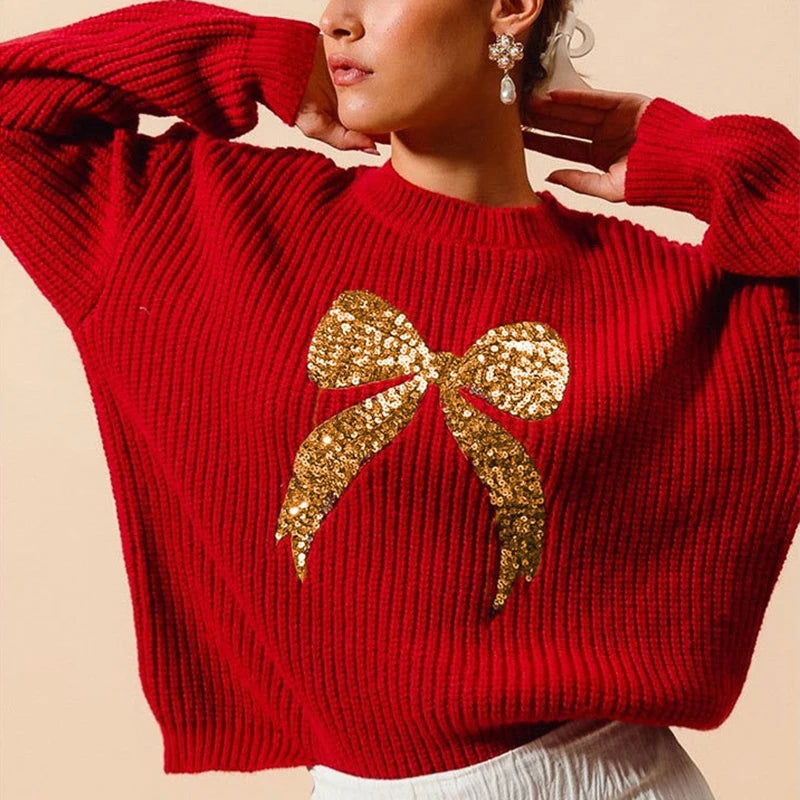 Casual Bow Print Knit Texture Long Sleeve Sweater for Women