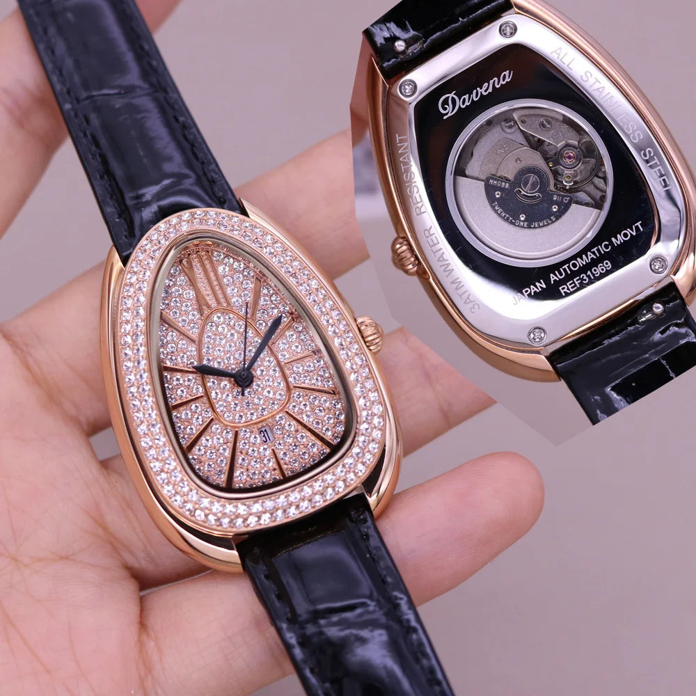 Luxury Davena Spin Snow Flower Women's Watch Japan Mov't Crystal Lady Hours Fine Fashion Real Leather Bracelet Girl's Gift Box