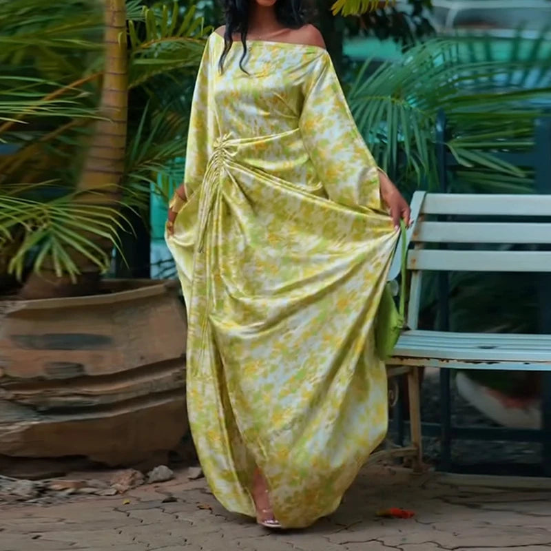 Fashion Asymmetrical Batwing Sleeve Women's Dress Summer Casual Loose Drawstring Long Dress Retro Floral Print Muslim Robe Dress
