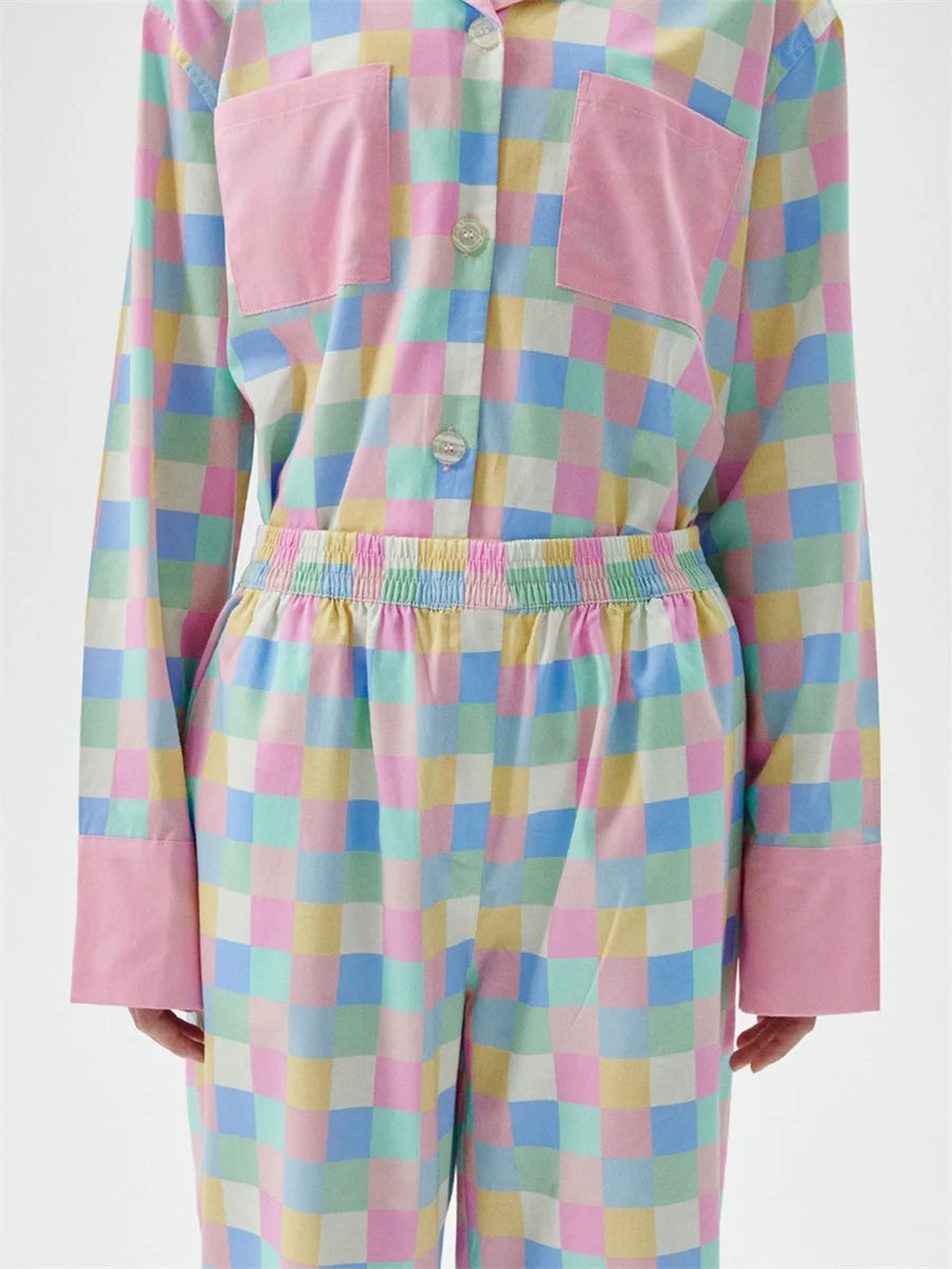 Women 2 Piece Pajamas Set Colorful Plaid Print Long Sleeve Button up Shirt and Elastic Pants for Loungewear Soft Sleepwear Pjs