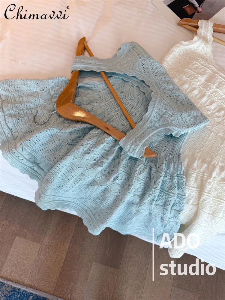 White Sweet A-line Ruffle Edge Knitted Vest Dress Women's Summer French Fashion Slim Temperament Sexy Girl Hollow Short Dress