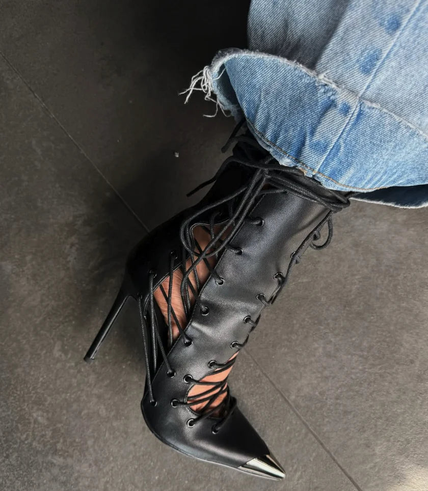 Lace Up Pointed Toe High Heel Ankle Boots for Women