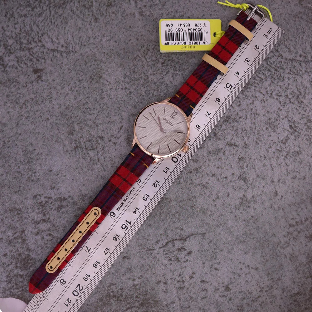 New Julius Women's Watch Fine Fashion British Plaid Style Hours Dress Bracelet Real Leather Clock Girl Birthday Gift Box