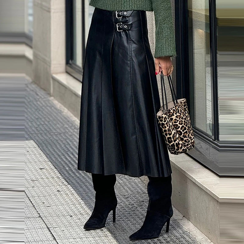 PU High Waist Pleated Women's Long Skirt Fashion Temperament Black Commuting Skirt New 2025 Street Decoration Autumn Half Skirt