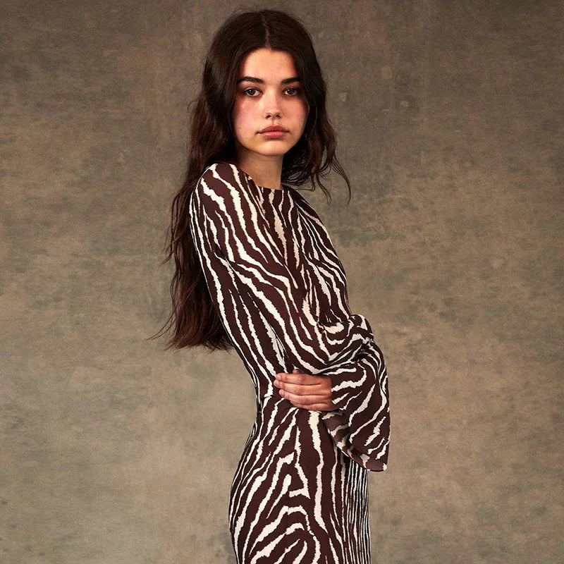 Temperament printed crewneck basic dress female fall style fashion elegant slim dress