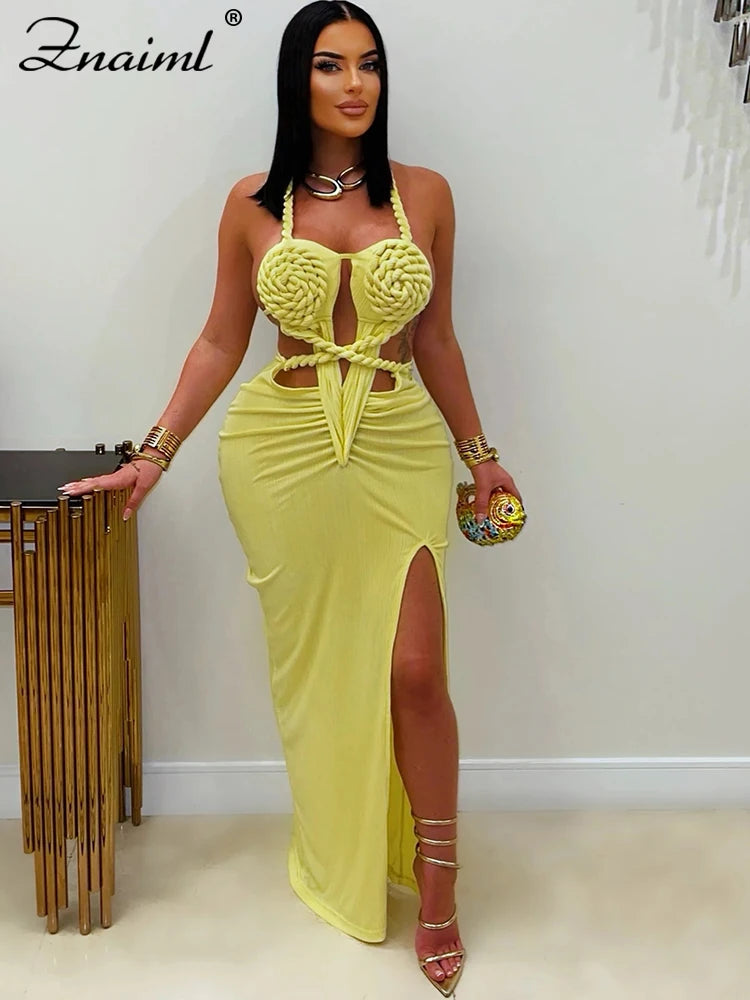 Znaiml Women's Elegant Evening Halter Hollow Backless Slit Bodycon Maxi Dresses Sexy Beach Holiday Party Club Birthday Vestidos
