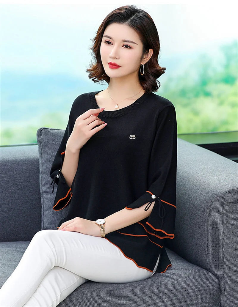 6XL Mom Large Summer New Ice Silk Shirt 3/4 Sleeves Round necked T-shirt Knit Sweater Loose Top For Wearing Outwear Top Black
