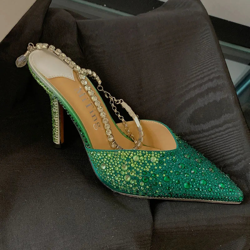 Fashion Luxury Rhinestones Ladies High Heels Shoes Bling Female Pointed Toe Footwear Ankle Buckle Women Thin Heels Shoes Pumps