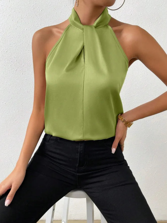 Women's Tops 2025 Summer New European and American Clothes Satin Halter Sleeveless Vest Sexy Commuting Satin Simulated Silk Top