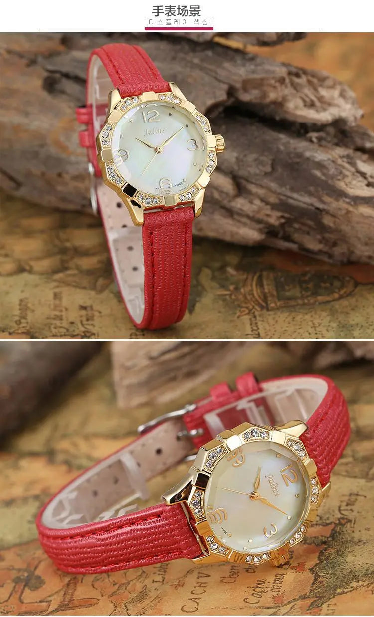 Small Rhinestones Julius Lady Women's Watch Mother-of-pearl Japan Quartz Fashion Hours Bracelet Leather Girl's Gift No Box