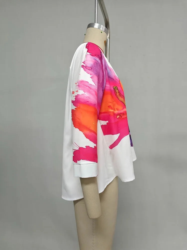 Women T-shirt 2024 New Summer Casual Simple Tops Round Neck Three-Quarter Sleeves Floral Printed Loose Fit Pullovers