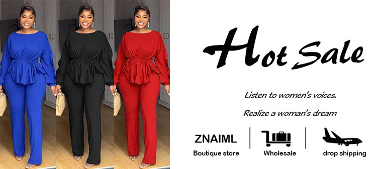Znaaiml Elegant Blue 2 Piece Pants Sets Women Lantern Sleeve Drawstring Ruched Ruffles Top and Trousers Casual Street OL Outfits