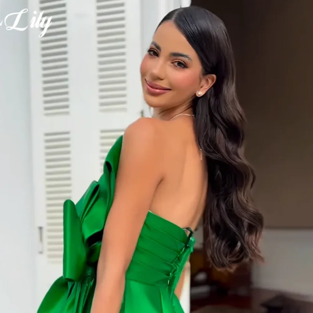 Lily Green Elegant Sweetheart Prom Dress for Woman Satin Pleated 3D-Bow Evening Gown Off-Shoulder Sleeveless Celebrity Dresses
