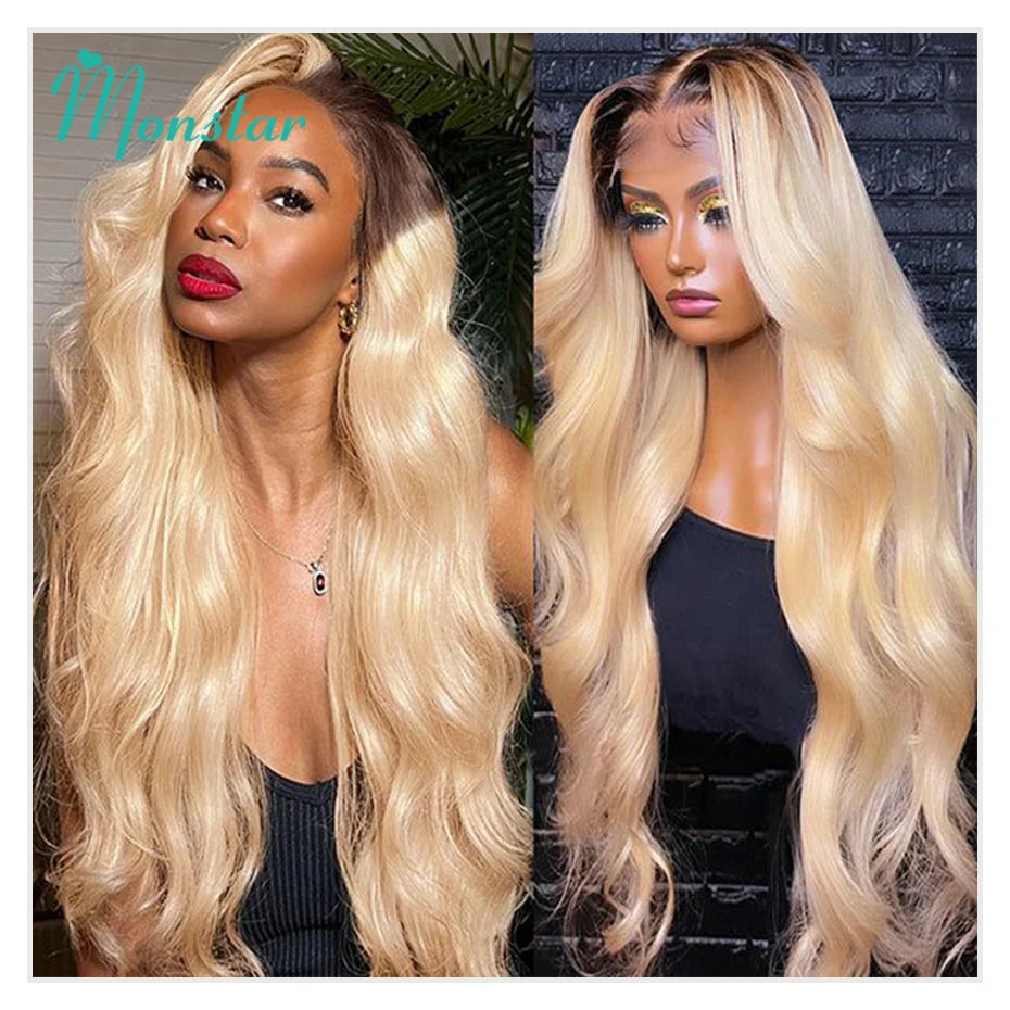 13x6 Lace Frontal Wig Brazilian Straight Full Lace Human Hair Wig 2 Tone Dark Root 1B 613 Ombre Blonde Lace Front Wigs for Women