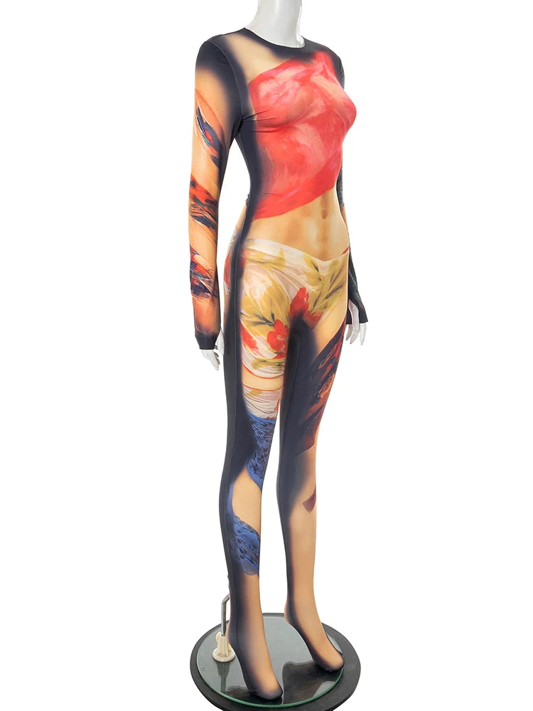 Weird Puss Colorful Print Jumpsuit Women Sexy o-Neck Full Sleeve Skinny Peach Hip Hot Girls Street Fashion Wild Style Overalls