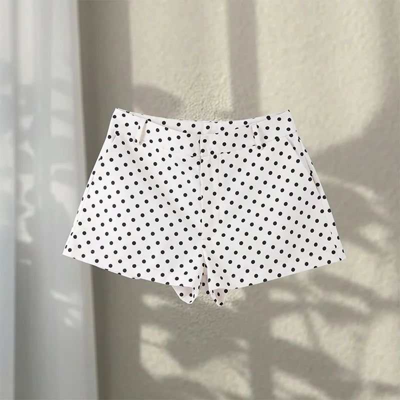 Loose Polka Dot Zipper Women's Shorts Set Stand Collar Patchwork Full Sleeve Pockets Jacket Tie Up Short Pant Suit Summer Outfit