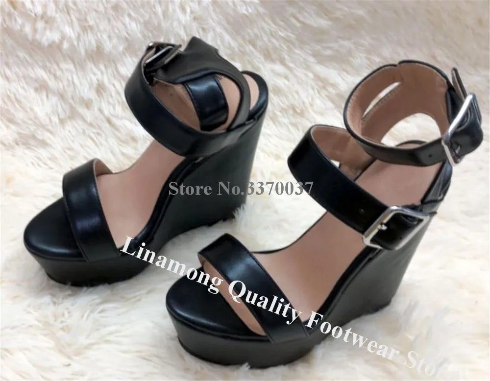 Red Leather Open Toe Platform Wedge Sandals with Ankle Strap for Women