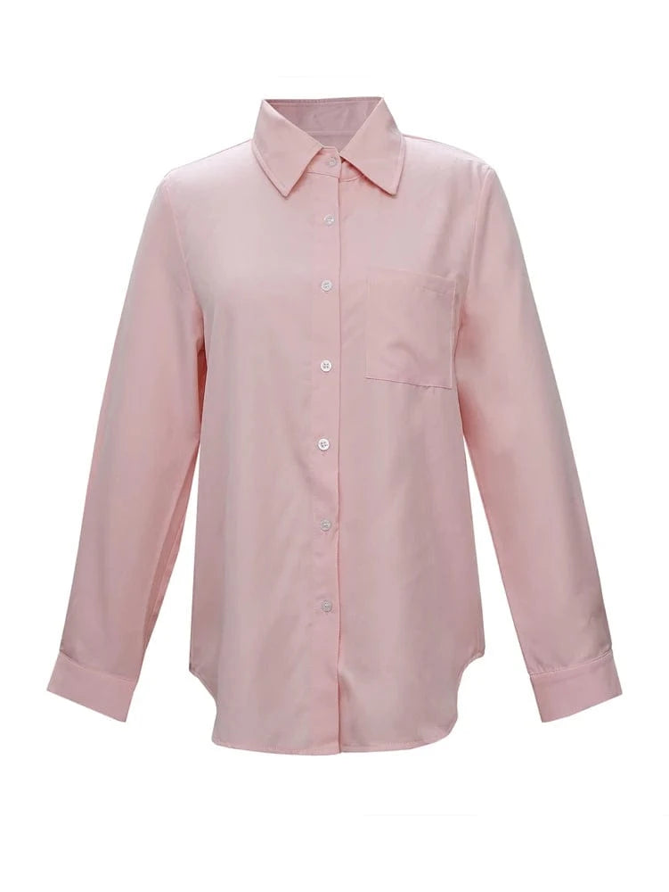 2025 Spring and summer new Women's solid colour basic shirt Single row of buttons High collar Pink Office Home Cardigan Polyest