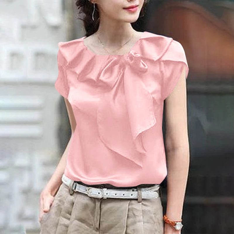 ZANZEA Women Short Sleeve Blouse Elegant Round Neck Tunics Office Lady Bowknot Stitching Shirt Casual Loose Solid Twisted Tops