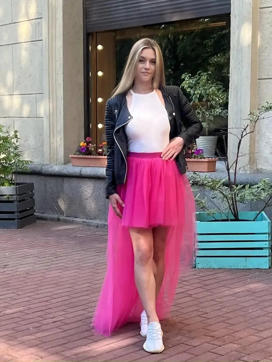 MisShow Hi-Lo Tulle Petticoat Women's Long Four Layer Puffy Skirt Fuchsia Tutu Skirts Adult Junpon Goth For Party Cocktail