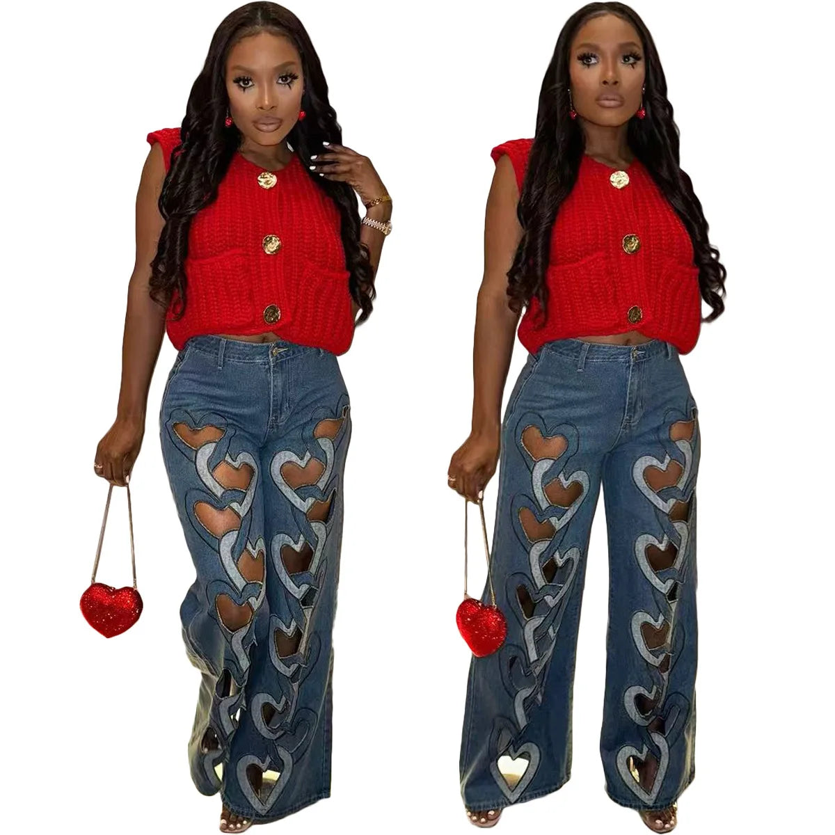 CM.YAYA Women Vintage Cutout Love Hollow Out Cross Straight Denim Pants 2025 Fall Fashion INS High Waist Wide Leg Jeans Trousers