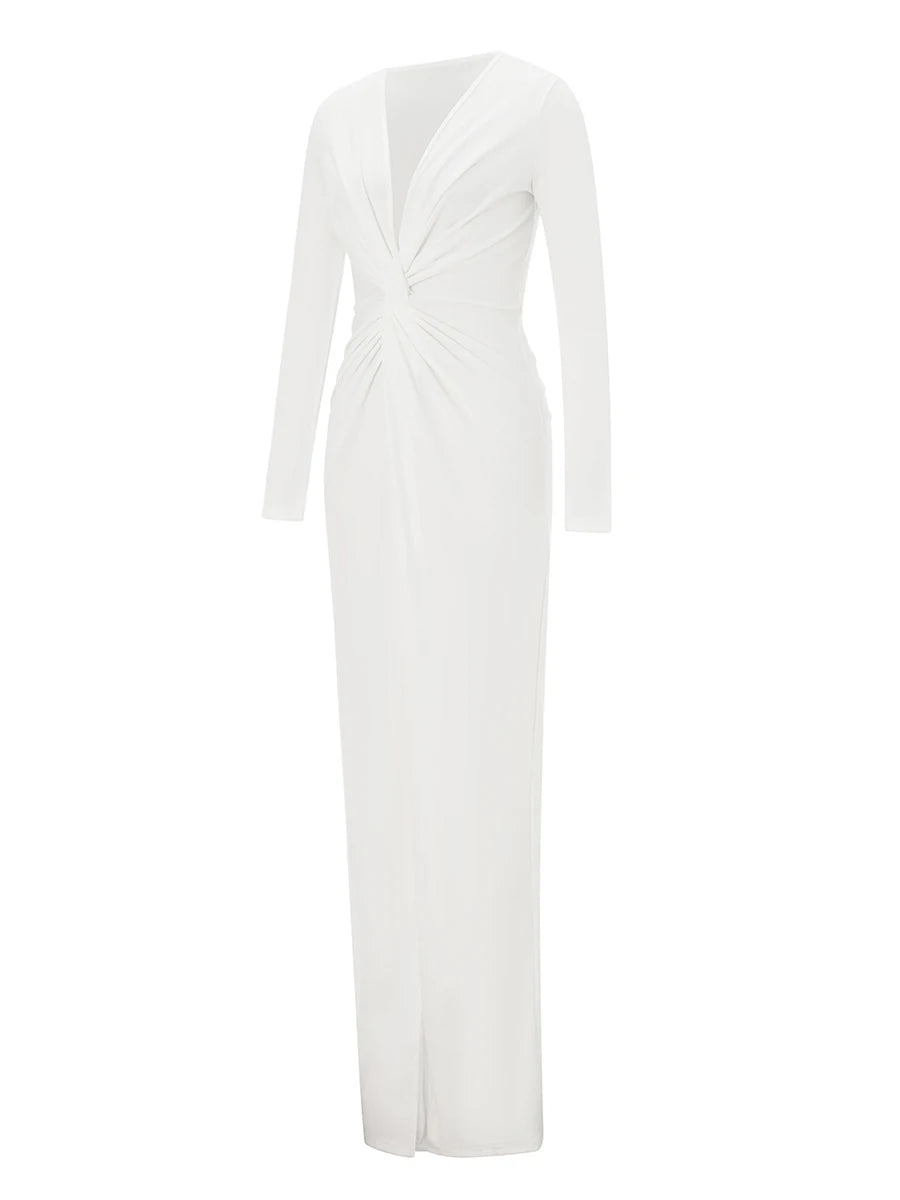 Women's Twist Front Party Dress Elegant Long Sleeve Deep V Neck Bodycon Long Dresses Female Solid Color Formal Evening Gown
